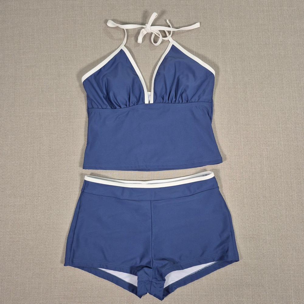 Zaful Women Blue White Trim Halter Tankini Boy Short Swimsuit Set Size Small